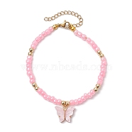 Butterfly Alloy Acrylic Charm Bracelets, Glsss Seed Beaded Bracelets for Women, Pink, 9-7/8 inch(25cm)(BJEW-JB10487-02)