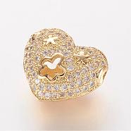 Brass Micro Pave Cubic Zirconia Beads, Heart with Flower, Hollow, Golden, 12x14x7mm, Hole: 1mm(ZIRC-K063-42G)