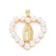 Brass with ABS Plastic Imitation Pearl Pendants, Heart with Virgin Mary Charm, Golden, 25.5x25x5mm, Hole: 3.5x5mm(KK-G460-06G)