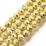 Electroplate Non-magnetic Synthetic Hematite Bead Strands, Round, Faceted, Golden Plated, 4mm, Hole: 1mm, about 98~102pcs/strand, 15.7 inch(X-G-Q465-16G)