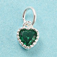 925 Sterling Silver Charms, with Cubic Zirconia, Faceted Heart, Silver, Green, 7x5x3mm, Hole: 3mm(STER-G035-01E-02)