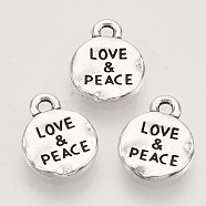 Tibetan Style Alloy Pendants,  Cadmium Free & Lead Free, Flat Round with Word Love & Peace, Antique Silver, 13.5x10.5x1.5mm, Hole: 1.5mm(X-TIBEP-T009-24AS-RS)