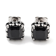 Square 316 Surgical Stainless Steel Pave Cubic Zirconia Stud Earrings for Women Men, Antique Silver, Black, 9x9mm(EJEW-Z050-06A-AS)