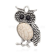 Antique Silver Tone Alloy Dyed Synthetic Turquoise Bird Pendants, with Rhinestones, Owl for Halloween, Beige, 36x24x7mm, Hole: 3mm(PALLOY-J442-02AS)