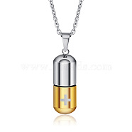 Two Tone 316L Stainless Steel Pill with Cross Urn Ashes Pendant Necklace with Cable Chains, Memorial Jewelry for Men Women, Golden & Stainless Steel Color, 19.69 inch(50cm)(BOTT-PW0001-010PG)