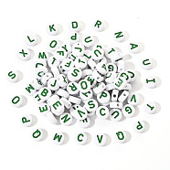 Opaque White Acrylic Beads, with Enamel, Horizontal Hole, Flat Round with Initial Letter, Sea Green, 9.5x4.5mm, Hole: 2mm, 100pcs/set(SACR-YW0001-23F)
