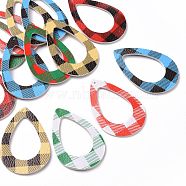 PU Leather Big Pendants, with Tartan Pattern, Teardrop, Mixed Color, 60x40x2mm, Hole: 1.5mm(FIND-T020-114)