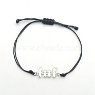 Adjustable Waxed Cord Braided Beads Bracelets, with 201 Stainless Steel Links, Family, Black, Stainless Steel Color, Inner Diameter: 3-3/4 inch(9.4cm)(STAS-N090-JA711-1)