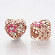 Alloy Rhinestone European Beads, with Enamel, Large Hole Beads, Hollow, Heart, Hot Pink, Crystal, Rose Gold, 10.5x12x10mm, Hole: 5mm(MPDL-Q209-025RG)