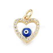 Brass Micro Pave Clear Cubic Zirconia Charms, with Enamel and Jump Rings, Golden, Heart with Evil Eye, Blue, 13x11x3mm, Hole: 3mm(KK-I691-01B)