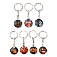 Alloy Keychain, with Glass, Flat Round with Halloween, Mixed Pattern, Platinum, 80x25mm(KEYC-F028-68P-M)