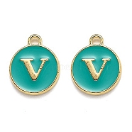 Golden Plated Alloy Enamel Charms, Enamelled Sequins, Flat Round with Alphabet, Letter.V, Green, 14x12x2mm, Hole: 1.5mm(X-ENAM-Q437-15V)