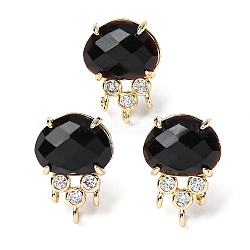 Brass Micro Pave Cubic Zirconia Stud Earring Findings with Natural Black Obsidian, Jellyfish, Facted, Rack Plating, 19.5x13mm, Hole: 1.8mm, Pin: 0.8x12.5mm(KK-Z096-05G-14)