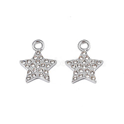 304 Stainless Steel Charms, with Crystal Rhinestone, Star, Stainless Steel Color, 15x12x2mm, Hole: 2mm(STAS-N095-144)