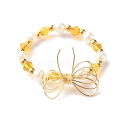 Imitate Austrian Crystal Bicone Glass Beaded Finger Rings, with Round Shell Pearl Beads and 304 Stainless Steel Round Beads, Eco-Friendly Copper Wire, Bowknot, Real 18K Gold Plated, Gold, US Size 9(18.9mm)(X1-RJEW-TA00003-01)