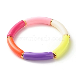 Candy Color Chunky Acrylic Curved Tube Beads Stretch Bracelet for Girl Women, Deep Pink, Inner Diameter: 2-1/8 inch(5.4cm)(BJEW-JB07297-03)