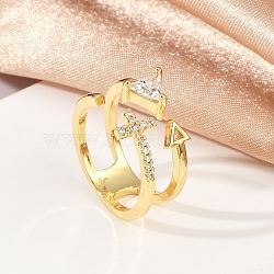 Cross & Triangle Brass Micro Pave Clear Cubic Zirconia Open Cuff Rings for Women, Real 18K Gold Plated, Inner Diameter: 16mm(RJEW-G343-22G)