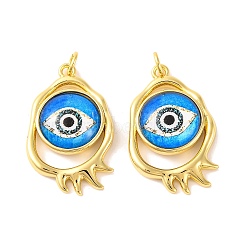 Rack Plating Brass Micro Pave Cubic Zirconia Pendants, with Glass, Long-Lasting Plated, with Jump Ring, Evil Eye, Real 18K Gold Plated, Dodger Blue, 28x17x5mm(KK-H486-25G-02)