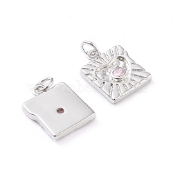 Brass Micro Pave Cubic Zirconia Charms, with Jump Rings, Long-Lasting Plated, Square with Heart, Pink, Platinum, 14.4x11x2.2mm, Jump Ring: 4.5x1mm, Hole: 2.8mm(ZIRC-I043-25P)