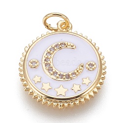 Brass Micro Pave Cubic Zirconia Pendants, with Enamel, Flat Round with Moon and Star, Golden, White, 18x16.5x2mm, Hole: 3.5mm(KK-O113-04G-D)