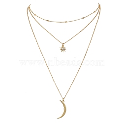 Brass Cable & Satellite Chains 3 Layer Necklaces, Moon & Sun Pendant Necklace, Golden, 15.83 inch(40.2cm)(NJEW-JN04499)