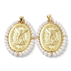 Rack Plating Brass Pendants, with Plastic Imitation Pearls, Cadmium Free & Lead Free, Oval with Saint Charm, Real 18K Gold Plated, 34~35.5x26~26.5x3.5mm, Hole: 3.5x4mm(KK-M254-02G)