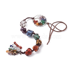 Chakra Natural Mixed Gemstone Woven Pendant Decorations, with Brass Linking Rings & Faux Suede Cord, Tree of Life, 585mm(HJEW-JM00660)