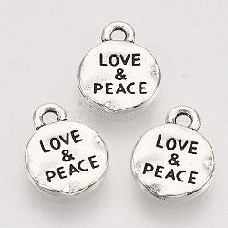 Tibetan Style Alloy Pendants,  Cadmium Free & Lead Free, Flat Round with Word Love & Peace, Antique Silver, 13.5x10.5x1.5mm, Hole: 1.5mm(X-TIBEP-T009-24AS-RS)