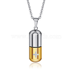 Two Tone 316L Stainless Steel Pill with Cross Urn Ashes Pendant Necklace with Cable Chains, Memorial Jewelry for Men Women, Golden & Stainless Steel Color, 19.69 inch(50cm)(BOTT-PW0001-010PG)