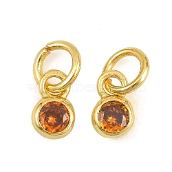 Brass Pave Cubic Zirconia Charms, Flat Round Charms, Single Stone Charms, Long-Lasting Plated, Rack Plating, Cadmium Free & Lead Free, Golden, Dark Orange, 7x4x2mm, Hole: 3.5mm(CU-CBA3D67-13G-01)