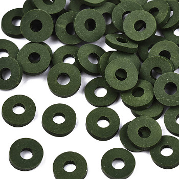 Handmade Polymer Clay Beads, for DIY Jewelry Crafts Supplies, Disc/Flat Round, Heishi Beads, Dark Green, 6x1mm, Hole: 2mm, about 1175pcs/50g