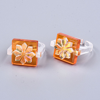 Transparent Resin Cuff Rings, Open Rings, AB Color Plated, Square with Flower, Coral, US Size 8 1/2(18.5mm)