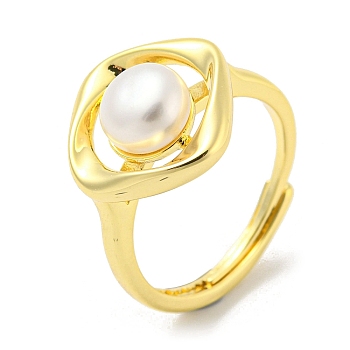 Brass Rhombus Adjustable Rings, with Natural Pearl, Real 14K Gold Plated, US Size 6 3/4(17.1mm)