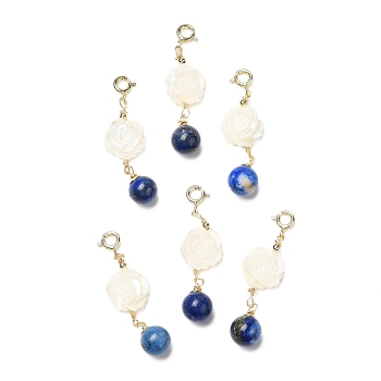 Natural Lapis Lazuli Round Pendant Decorations, with Rose Natural White Shell and Brass Spring Ring Clasps, Real 14K Gold Plated, 41mm