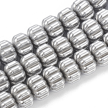Electroplate Non-magnetic Synthetic Hematite Corrugated Beads Strands, Pumpkin, Platinum Plated, 8x6mm, Hole: 1mm, about 70pcs/strand, 15.7 inch