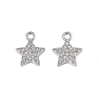 304 Stainless Steel Charms, with Crystal Rhinestone, Star, Stainless Steel Color, 15x12x2mm, Hole: 2mm