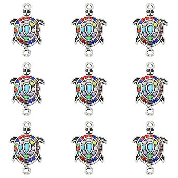 10Pcs Alloy Connector Charms, Sea Turtle Links, with Colorful Resin and Rhinestone, Antique Golden, 25.5x16.5x4mm, Hole: 1.8mm