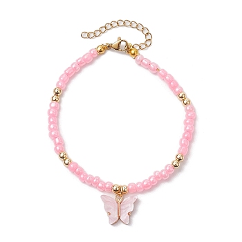 Butterfly Alloy Acrylic Charm Bracelets, Glsss Seed Beaded Bracelets for Women, Pink, 9-7/8 inch(25cm)