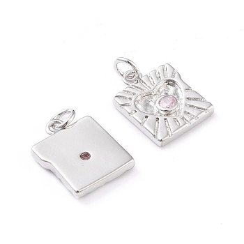 Brass Micro Pave Cubic Zirconia Charms, with Jump Rings, Long-Lasting Plated, Square with Heart, Pink, Platinum, 14.4x11x2.2mm, Jump Ring: 4.5x1mm, Hole: 2.8mm