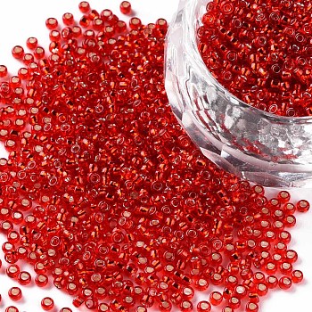 12/0 Grade A Round Glass Seed Beads, Silver Lined, Orange Red, 12/0, 2x1.5mm, Hole: 0.3mm, about 30000pcs/bag