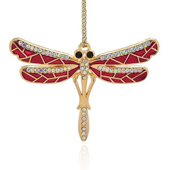 Golden Plated Alloy Pendants, with Enamel and Rhinestone, Dragonfly, Dark Red, 46x66x4mm, Hole: 2.5mm