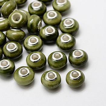 Handmade Porcelain European Beads, with Silver Color Brass Double Cores, Rondelle, Olive Drab, 15x10~11mm, Hole: 5mm