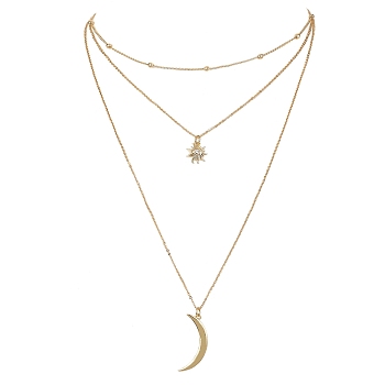 Brass Cable & Satellite Chains 3 Layer Necklaces, Moon & Sun Pendant Necklace, Golden, 15.83 inch(40.2cm)