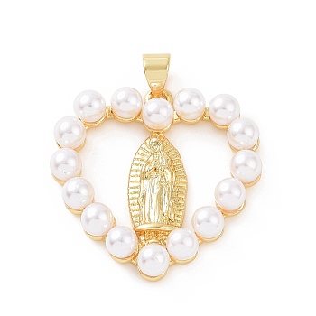 Brass with ABS Plastic Imitation Pearl Pendants, Heart with Virgin Mary Charm, Golden, 25.5x25x5mm, Hole: 3.5x5mm