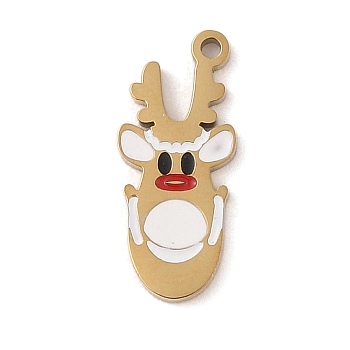 Christmas Theme Ion Plating(IP) 304 Stainless Steel Enamel Pendants, Golden, Deer Charm, White, 17x7x1mm, Hole: 1.2mm