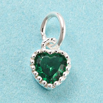 925 Sterling Silver Charms, with Cubic Zirconia, Faceted Heart, Silver, Green, 7x5x3mm, Hole: 3mm