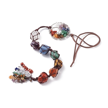 Chakra Natural Mixed Gemstone Woven Pendant Decorations, with Brass Linking Rings & Faux Suede Cord, Tree of Life, 585mm