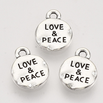 Tibetan Style Alloy Pendants,  Cadmium Free & Lead Free, Flat Round with Word Love & Peace, Antique Silver, 13.5x10.5x1.5mm, Hole: 1.5mm