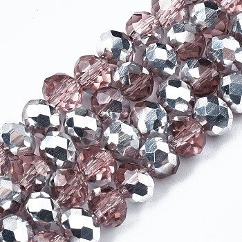 Electroplate Glass Bead Strands, Half Silver Plated, Faceted, Rondelle, Pale Violet Red, 8x6mm, Hole: 1mm, about 63~65pcs/strand, 39~40cm