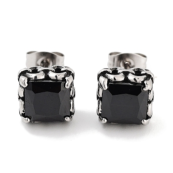 Square 316 Surgical Stainless Steel Pave Cubic Zirconia Stud Earrings for Women Men, Antique Silver, Black, 9x9mm